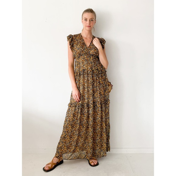 BA&SH Samantha Ruffled Printed Georgette Maxi Tiered Dress in Carbone 242/040 - Picture 14 of 14